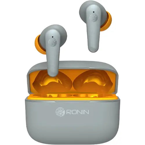 Gray wireless earbuds with open case on white background