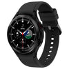 Samsung Galaxy Watch 4 Classic with a silver case and a gray silicone band displaying a black watch face.