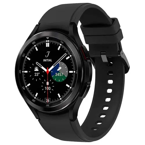 Samsung Galaxy Watch 4 Classic with a silver case and a gray silicone band displaying a black watch face.