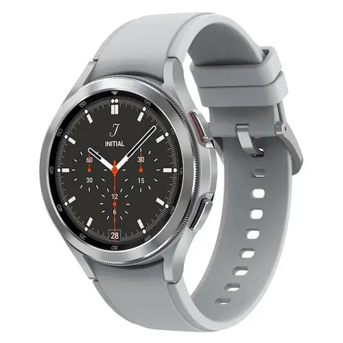 Samsung Galaxy Watch 4 Classic with a silver case and a gray silicone band displaying a black watch face.