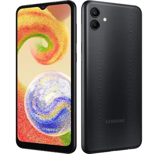 Samsung Galaxy A04 showing front and back on a white background