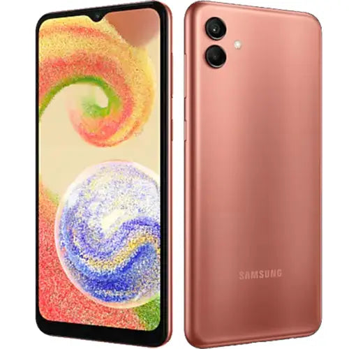 Samsung Galaxy A04 showing front and back on a white background
