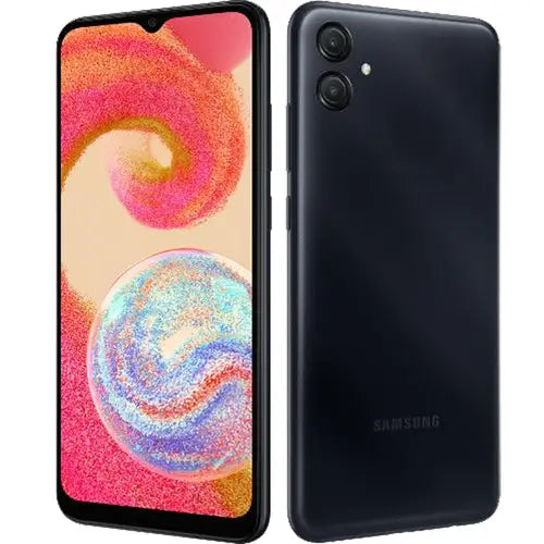 Samsung Galaxy A04e showing front and back design with colorful display and black back.