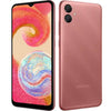 Samsung Galaxy A04e showing front and back design with colorful display and rose gold finish.