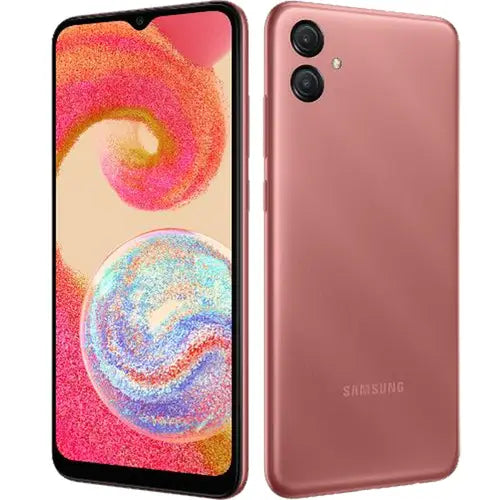 Samsung Galaxy A04e showing front and back design with colorful display and rose gold finish.