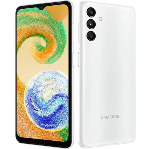 Samsung Galaxy  A04s with colorful display and white back on a white background