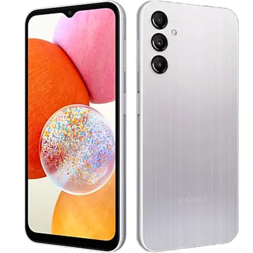 Samsung Galaxy A14 showing front and back design on a white background