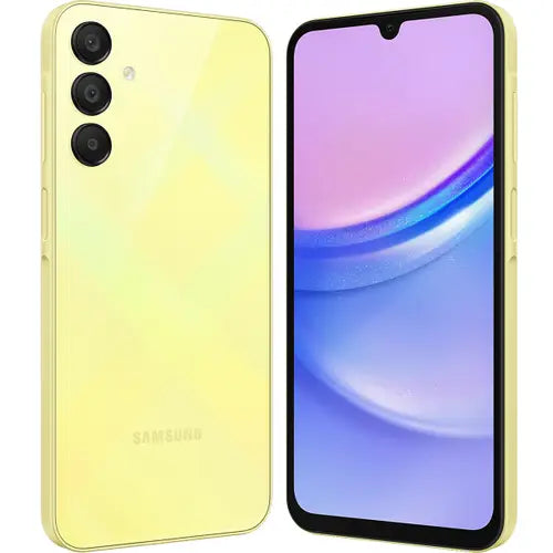 Samsung Galaxy A15 with yellow back and gradient screen on white background