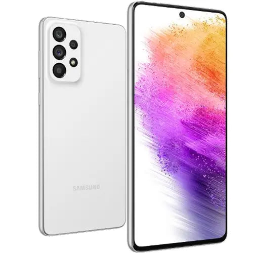 Samsung Galaxy A73 showing front and back on a white background