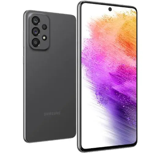 Samsung Galaxy A73 showing front and back on a white background