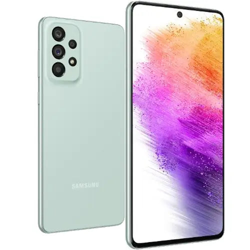 Samsung Galaxy A73 showing front and back on a white background