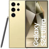 Samsung Galaxy S24 Ultra phone with gold finish and stylus on a white background