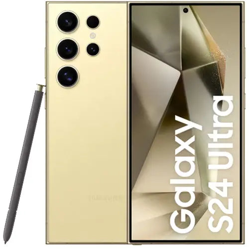 Samsung Galaxy S24 Ultra phone with gold finish and stylus on a white background
