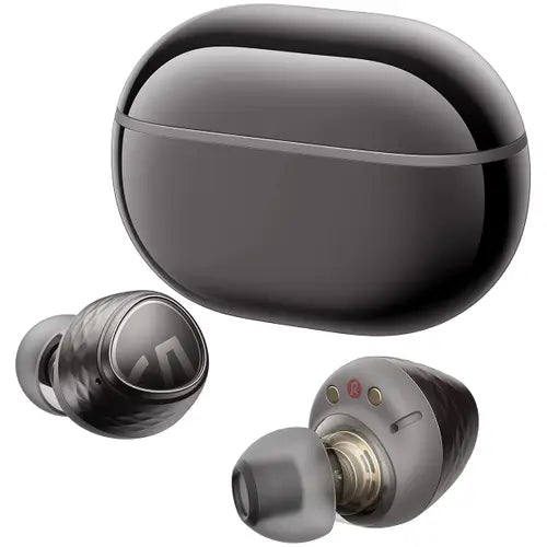 A pair of black Soundpeats Engine 4 Wireless Earbuds with a charging case.