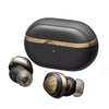 A pair of black and gold  Soundpeats Opera 05 Wireless Earbuds with a charging case.