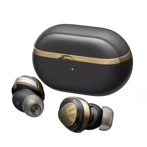 A pair of black and gold  Soundpeats Opera 05 Wireless Earbuds with a charging case.