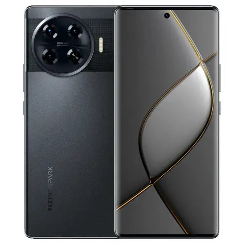 Tecno Spark 20 Pro Plus Smartphone with a metallic finish and geometric design on a white background