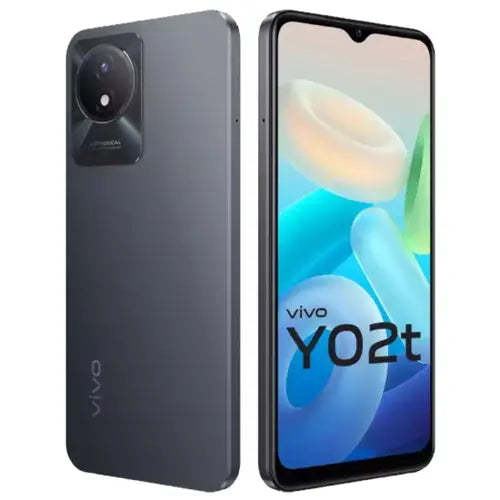 A black Vivo Y02t smartphone showing the front screen display and the back camera and Vivo branding.