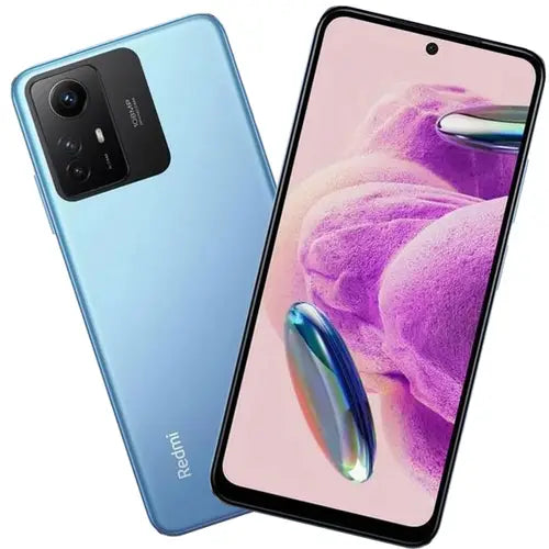 A blue Redmi Note 12S smartphone showing the front screen display and the back camera setup.