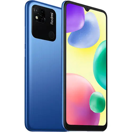 A Redmi 10A mobile phone in blue color, showing the front screen display and rear camera.