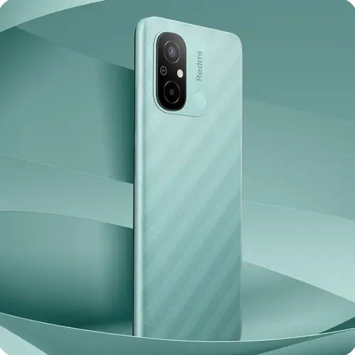 A black Redmi 12C mobile phone shown from the back with a camera module visible.