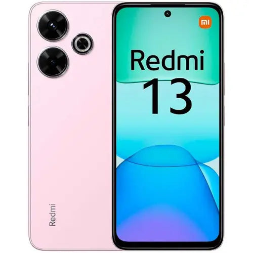 Smartphone with pink back and screen displaying 'Redmi 13'.