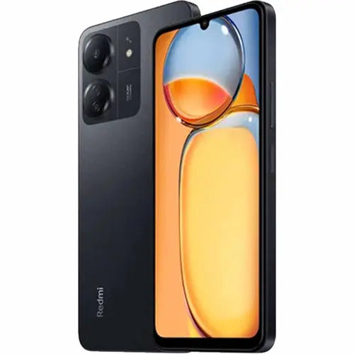 A Redmi 13C smartphone in black color with a clear display and a triple-camera setup on the back.