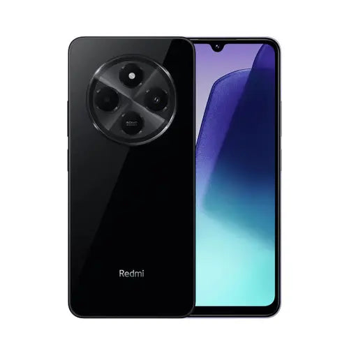 A Redmi smartphone in black color with a dual camera setup on the back and a blue screen front display.