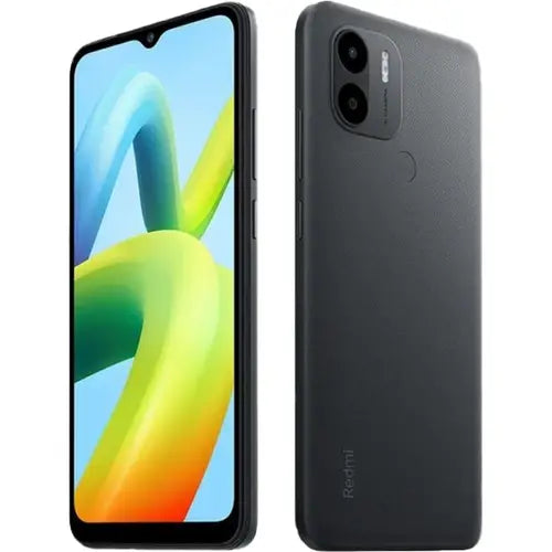 Redmi A1 Plus smartphone showing the front screen display and the back camera and brand logo.