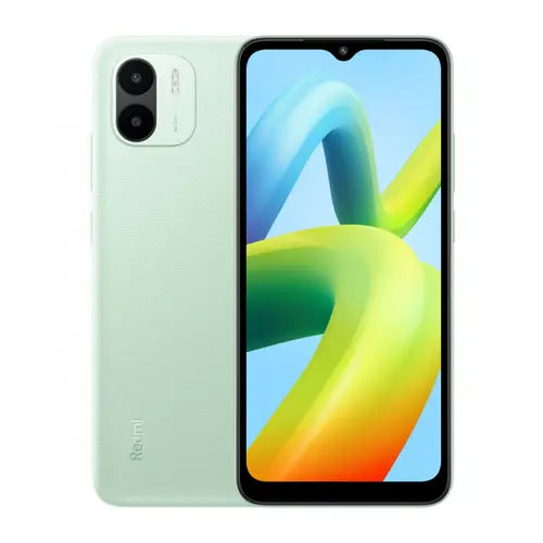 Redmi A1 Plus smartphone showing the front screen display and the back camera and brand logo.