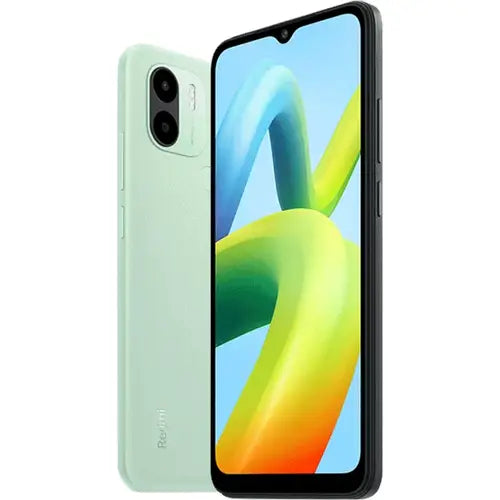 A blue Redmi A2 Plus smartphone showing the front screen display and the back camera and branding.