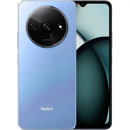 Blue REDMI A3 smartphone with a camera lens highlighted on a white background