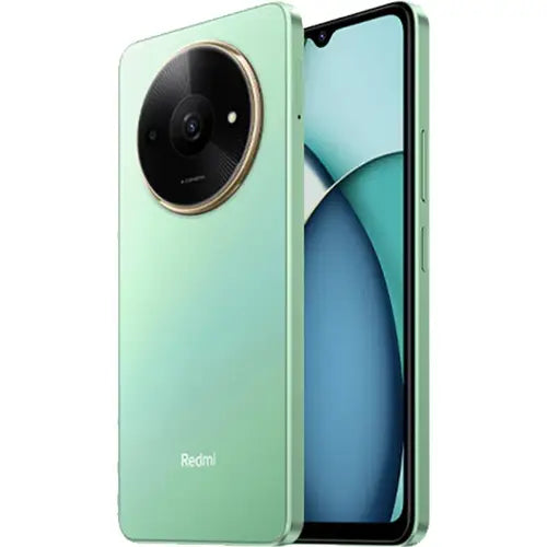 A Redmi A3X smartphone in blue color with a visible single rear camera and the Redmi brand logo.