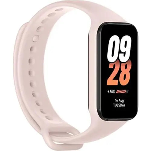 Xiaomi Smart Band 8 Active with a pink strap and a digital display showing time and date.