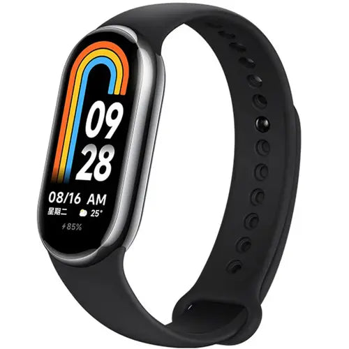 Xiaomi Smart Band 8 Global with a black strap and a display showing the time, date, and various health metrics.