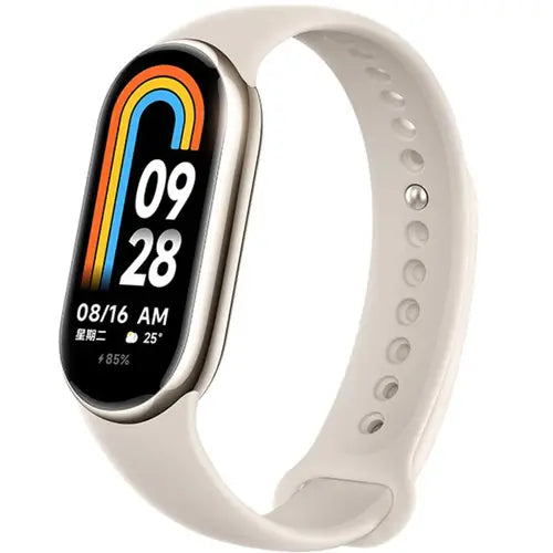Xiaomi Smart Band 8 Global with a white strap and a display showing the time, date, and various health metrics.