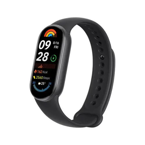 Xiaomi Smart Band 9 with a black strap and a digital display showing time, heart rate, step count, and battery level.