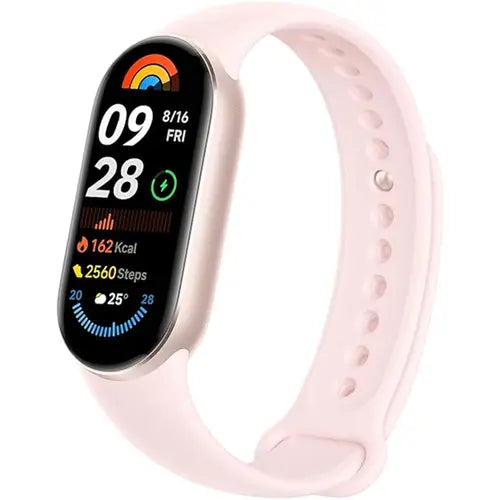 Xiaomi Smart Band 9 with a pink strap and a digital display showing time, heart rate, step count, and battery level.