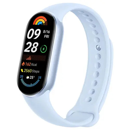 Xiaomi Smart Band 9 with a sky blue strap and a digital display showing time, heart rate, step count, and battery level.